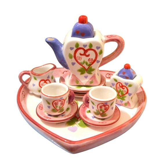 Vintage Mini Tea Set Heart Tray Ceramic Valentine Folk Art Christmas girl toy - Picture 1 of 12
